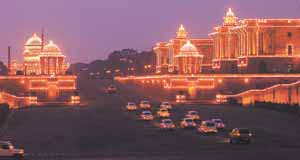 An illuminated Raisina Hill after the Beating Retreat ceremony at Vijay Chowk in the Capital on Thursday.