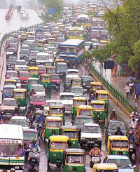 Traffic jam at ITO Vikas Marg near Rajghat in the Capital on Friday.