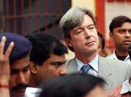 British Deputy High Commissioner Andrew Hall comes out of Alipore Central Jail where British national Peter Bleach, serving a life sentence in the Purulia Armsdrop case, is lodged