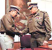 Hot Seat: Outgoing Commissioner of Police R.S. Gupta handing over charge to his successor Dr K.K. Paul in the Capital on Saturday.