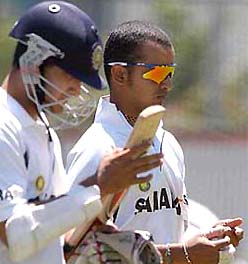 Indian skipper Saurav Ganguly and Murali Karthik during the net practice session at the WACA in Perth