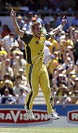 Australia�s Brett Lee reacts after taking the wicket of India�s V.V.S. Laxman