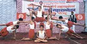 Children performing acrobatic drills at the Ramlila Maidan at Pitampura.