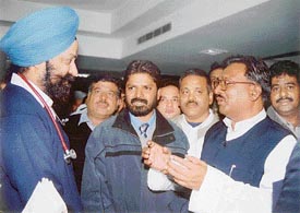 Mr Vijay Sonkar Shastri talks to Dr G.S. Wander, a cardiologist at the Hero-DMC Heart Centre, in Ludhiana on Tuesday