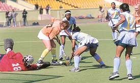 A tense moment before the Kazakhstan goalmouth during India's Asia Cup match against Kazakhstan 