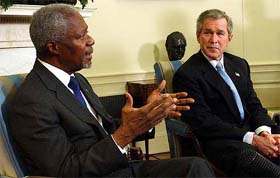 US President George W. Bush listens during his meeting with UN Secretary General Kofi Annan 