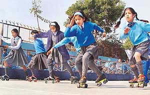 Students in action during roller skating competition organised at Blue Bird High School, Panchkula
