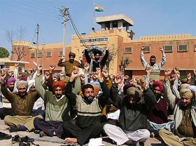 Members of the Punjab Jail (Guard) Association, Bathinda, hold a demonstration in front of the Central Jail, Bathinda