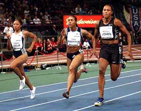 Marion Jones races to a 7.21 second victory in the Women's 60-meter dash at the 2004 Millrose Games in New York 