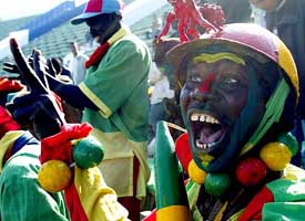 A Mali supporter celebrates his team's victory over Guinea in the African Nations Cup quaterfinal match in Tunisia 