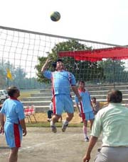 Volleyball match between Uttar Pradesh and Uttaranchal in progress in Ludhiana on Sunday.