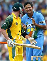 India's Irfan Pathan claps at Australia's Damien Martyn after dismissing him for 67 runs during the second final in Sydney