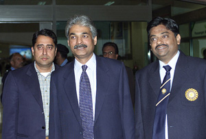 A three-member Indian delegation headed by Professor Ratnakar Shetty, honorary joint secretary of the Board of Control for Cricket in India along with Yashobar Dhan Azad and Mr Amrit Mathur, media coordinator, arrive at Lahore