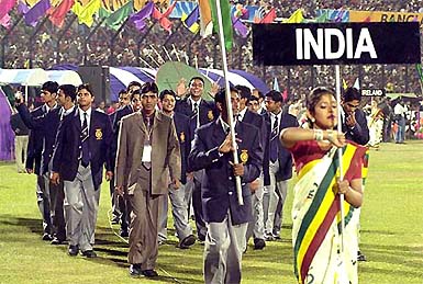 Members of the India U-19 team marches during the inauguration ceremony of the Under-19 Cricket World Cup in Dhaka 