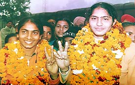 Indian women's hockey stars Jasjeet Kaur and Surinder Kaur at a function in Shahbad