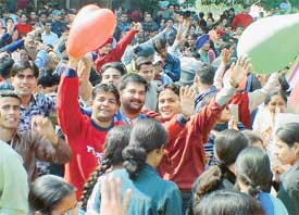 Students dance to a favourite Punjabi pop number at a pre-Valentine bash at Panjab University in Chandigarh