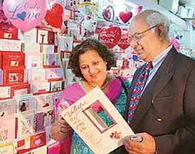 The Laroyias in search of a Valentine�s Day card that would express the way they feel about each other at a card shop 