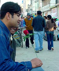 A young boy waits for a Valentine at the Sarabha Nagar market in Ludhiana