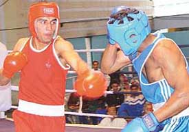 Harinder Kumar of Punjab Police during a bout with Dinesh Bakshi of Madhya Pradesh in light welterweight category of the 11th AK Misra Memorial Boxing Tournament in Sector 10