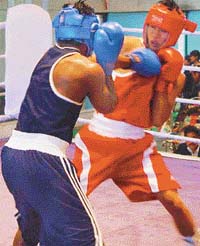 A bout in progress at the 11th All-India Invitational A.K. Misra Memorial Boxing Championship at Skating Rink, Sector 10, Chandigarh