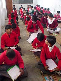 Class V students of Government Elementary School, Gobind Nagar, Ludhiana, take their annual examination, which began on Monday.
