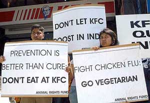 Members of Animal Rights Fund protest and warn about the hazards of meat eating outside the Kentucky Fried Chicken outlet in Bangalore 