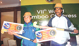 Indian hockey star Dhanraj Pillay and Indian women hockey captain Suraj Lata Devi at a press conference in the Capital on Monday to announce as the ambassador of 7th World Bamboo Congress to be held in New Delhi on February 27.