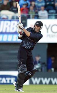 New Zealand's Stephen Fleming pulls the ball behind square for a six