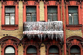 Icicles hang from a balcony of a flat in St. Petersburg 