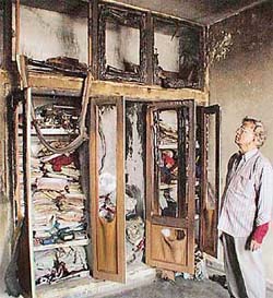 The remains of a cupboard that was destroyed in a fire at the house of Mr M.L. Kalra in Ekta Vihar Colony, Bartana village near Zirakpur