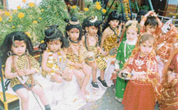 Students of Blooming Kindergarten dressed up as Lord Shiva and Parvati during the Shivaratri celebrations in Ludhiana 