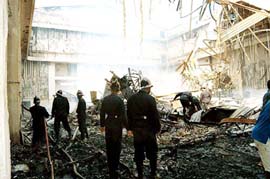 Firefighters douse the flames at Film City, Goregaon, near Mumbai