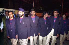 Members of the Indian blind-cricket team before their departure to Pakistan