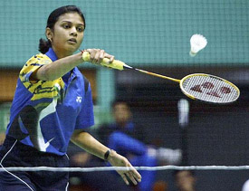 Trupti Murgunde returns against Yip Pui-yin of Hong Kong during the Uber Cup qualifying round in Kuala Lumpur