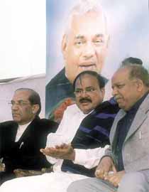 BJP chief Venkaiah Naidu, Vijay Kumar Malhotra and Dr. Harshvardhan at a function organised by the Bharatiya Janata Yuva Morcha