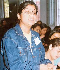 A student of the Government College for Girls, Sector 11, Hemanti Bhanot, makes a point during a mock parliament session at the college in Chandigarh