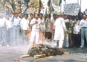 Delhi Home Guard Welfare Association holding a demonstration against the NDA government in the Capital on Tuesday.