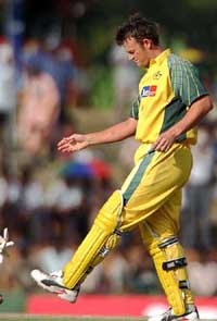 Australian vice-captain Adam Gilchrist reacts in anger 