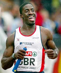 A file photograph shows Britain's European 100 metres champion Dwain Chambers sticking out his tongue after winning the men's 4x100m relay final at the European Athletics Championships 