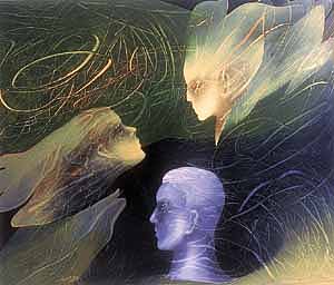 The paintings of Kashmiri Khosa are based on the theme of self-appraisal.