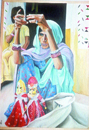 Woman puppeteer, a painting by Purva, is being exhibited at Heart and Soul.