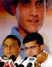 Indian captain Sourav Ganguly and former cricketer Sunil Gavaskar attend a Press conference in New Delhi 