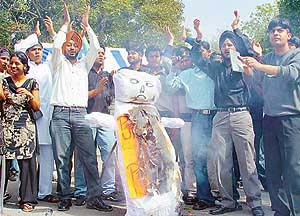 Members of the ABVP protest against the anti-student policy of the Punjab Government, on the Panjab University campus in Chandigarh on Friday.