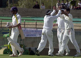 Parthiv Patel, who was dismissed by Amit Bhandari in the Duleep Trophy cricket match at Dharamshala Cricket Stadium 