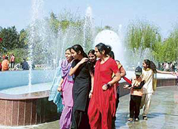 Damsels in a cheerful mood at Silvi Park, venue for flower festival, in SAS Nagar.