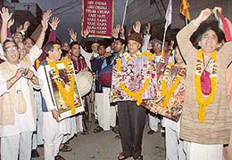 ISKCON devotees take part in nagar sankirtan in Sector 43 as part of the birth celebrations of Lord Chaitanya Mahaprabhu in Chandigarh on Sunday.