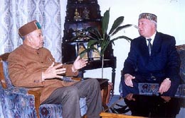 Himachal Pradesh Chief Minister Virbhadra Singh with Russian Ambassador Alaxander M. Kadakin at his residence in Shimla on Monday.