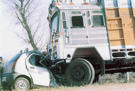 The car in which six persons were killed when it collided with a truck near Mandiani village in Ludhiana district