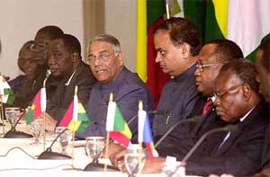 External Affairs Minister Yashwant Sinha and his Minister of State Digvijay Singh with representatives of eight west African countries