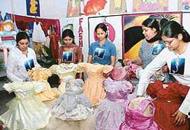 Girls with their works displayed at MERMAIDZ-04 at Home Science Govt College in Sector 10